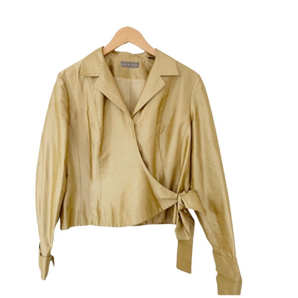 Kate Hill 100% Silk Gold Wrap Blazer Jacket Minimalist Quiet Luxury Top - Picture 3 of 10